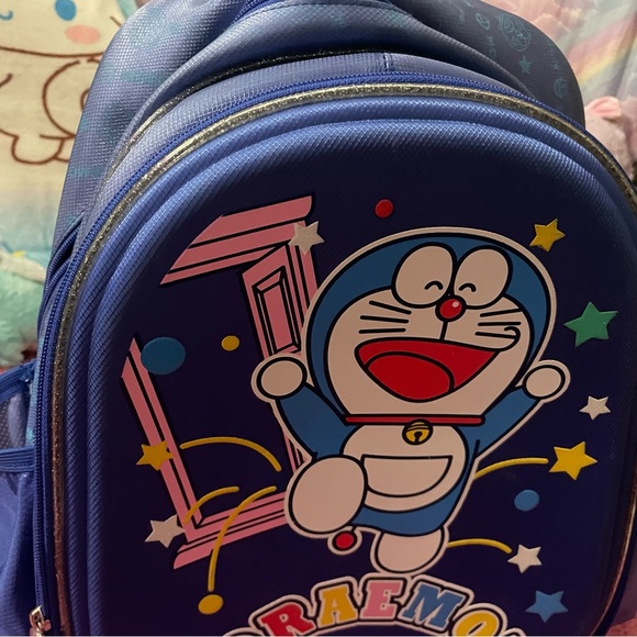 Y2k Doraemon kawaii Japanese cartoon character dark blue sparkle roll backpack - Picture 7 of 8